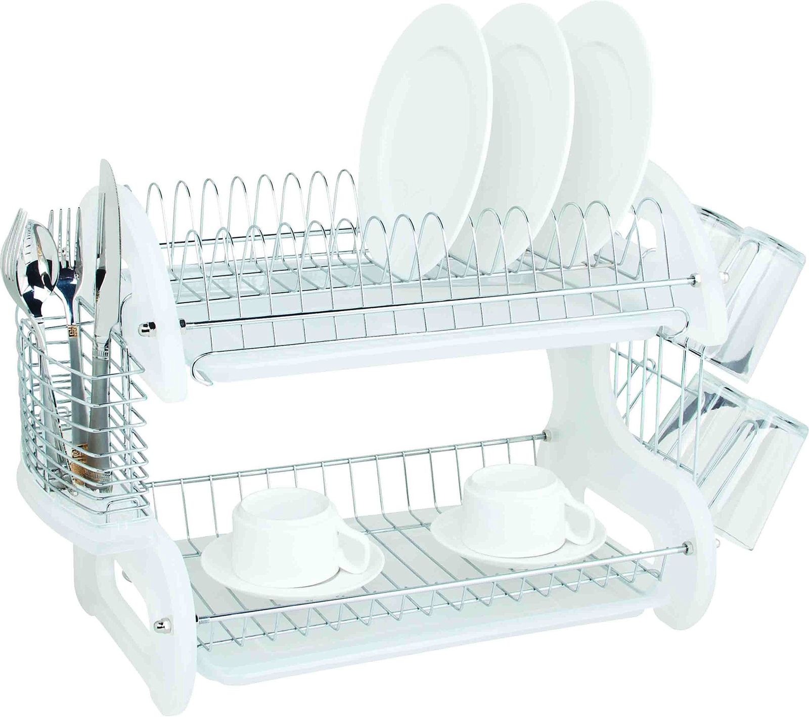 Home Basics Plastic 2-Tier Dish Drainer Rack w/Side Mounted Cutlery Holder,