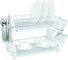 Home Basics Plastic 2-Tier Dish Drainer Rack w/Side Mounted Cutlery Holder,