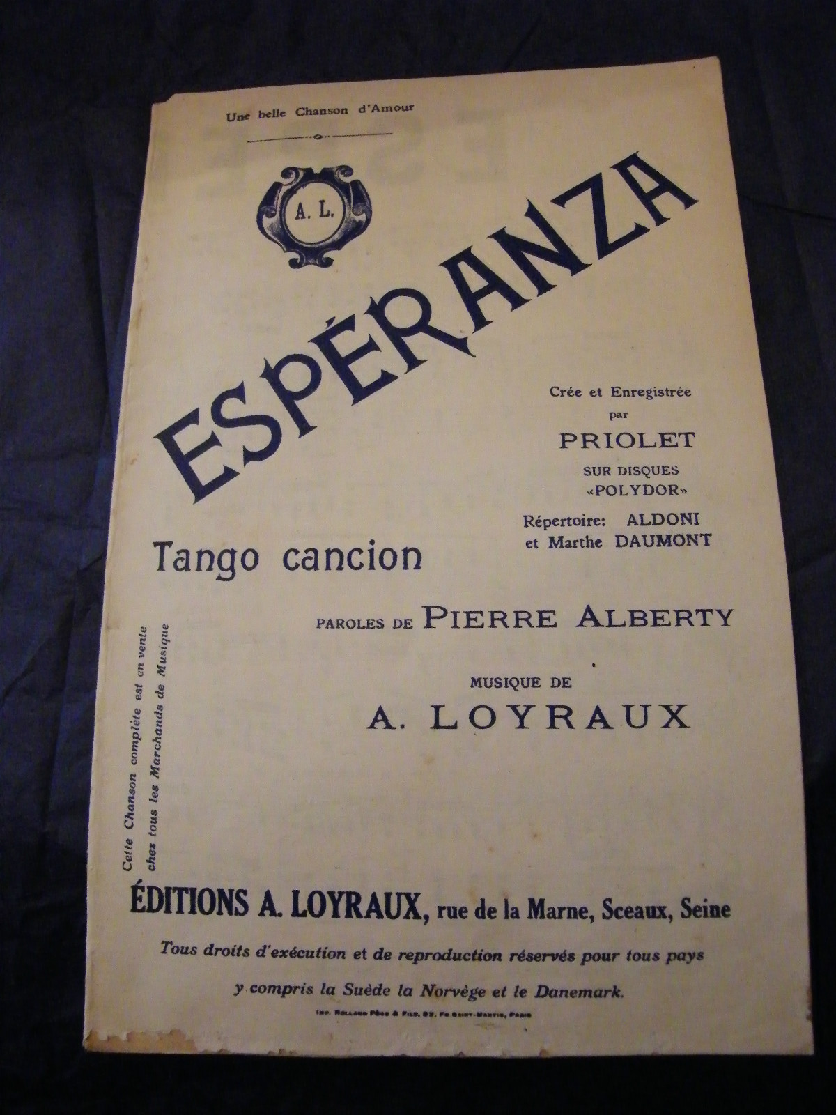 Espéranza A Loyraux Music Sheet Priolet Tango Cancion