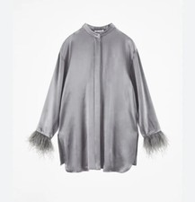 ZARA NUOVA CAMICIA DONNA RASO CON PIUME ARGENTO TAGLIA S
