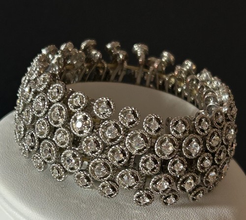 Vtg 5 Row Sparkling Clear Rhinestones Silver Tone 70’s Couture Stretch Bracelet - Picture 3 of 12