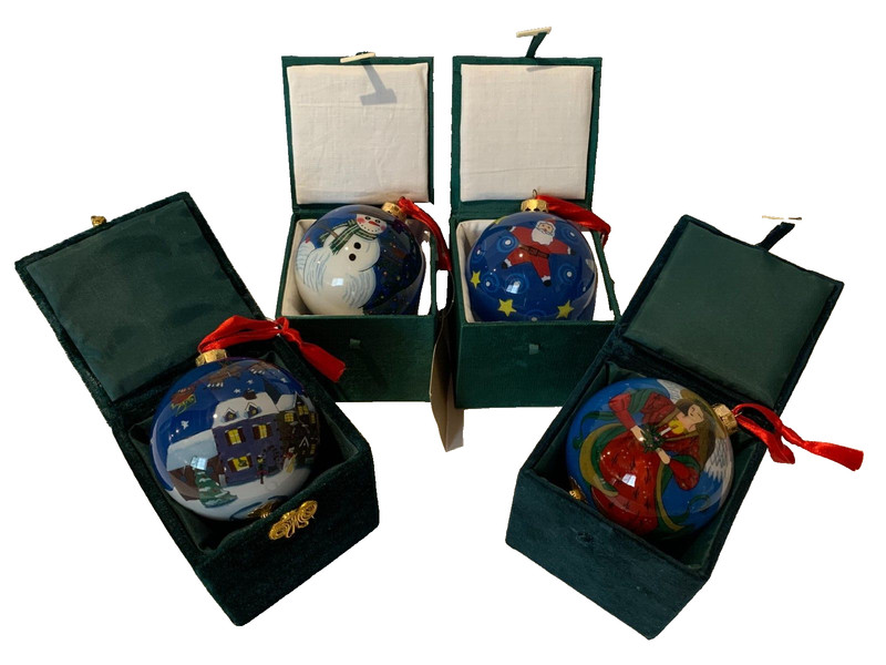 VTG Beautiful Inside Painted Glass Christmas Ornaments Set of 4
