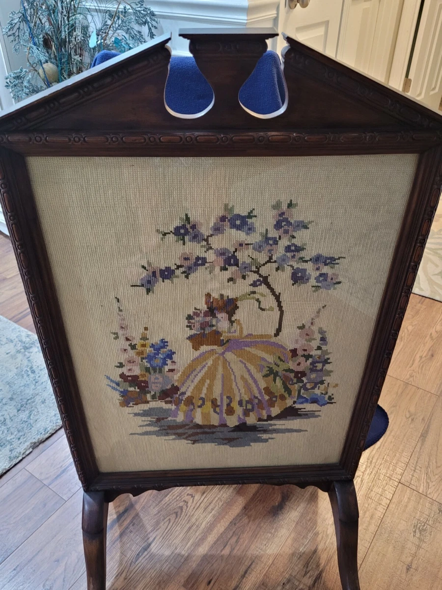 antique needlepoint/crewel Wood Fireplace Screen Heat Protector | eBay