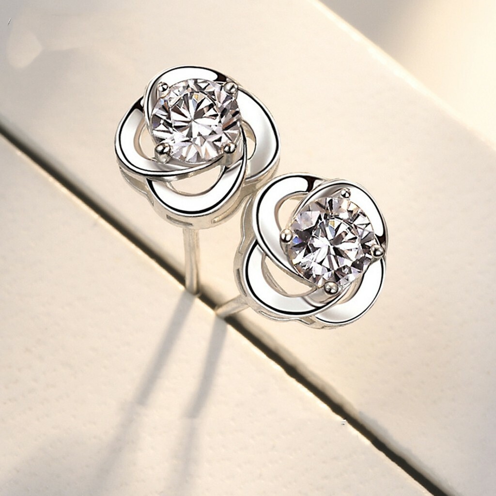 Fashion Women 925 Sterling Silver Earrings Crystal Rotating