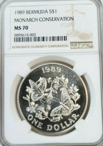 1989 BERMUDA SILVER 1 DOLLAR S$1 MONARCH CONSERVATION NGC MS 70 PERFECTION