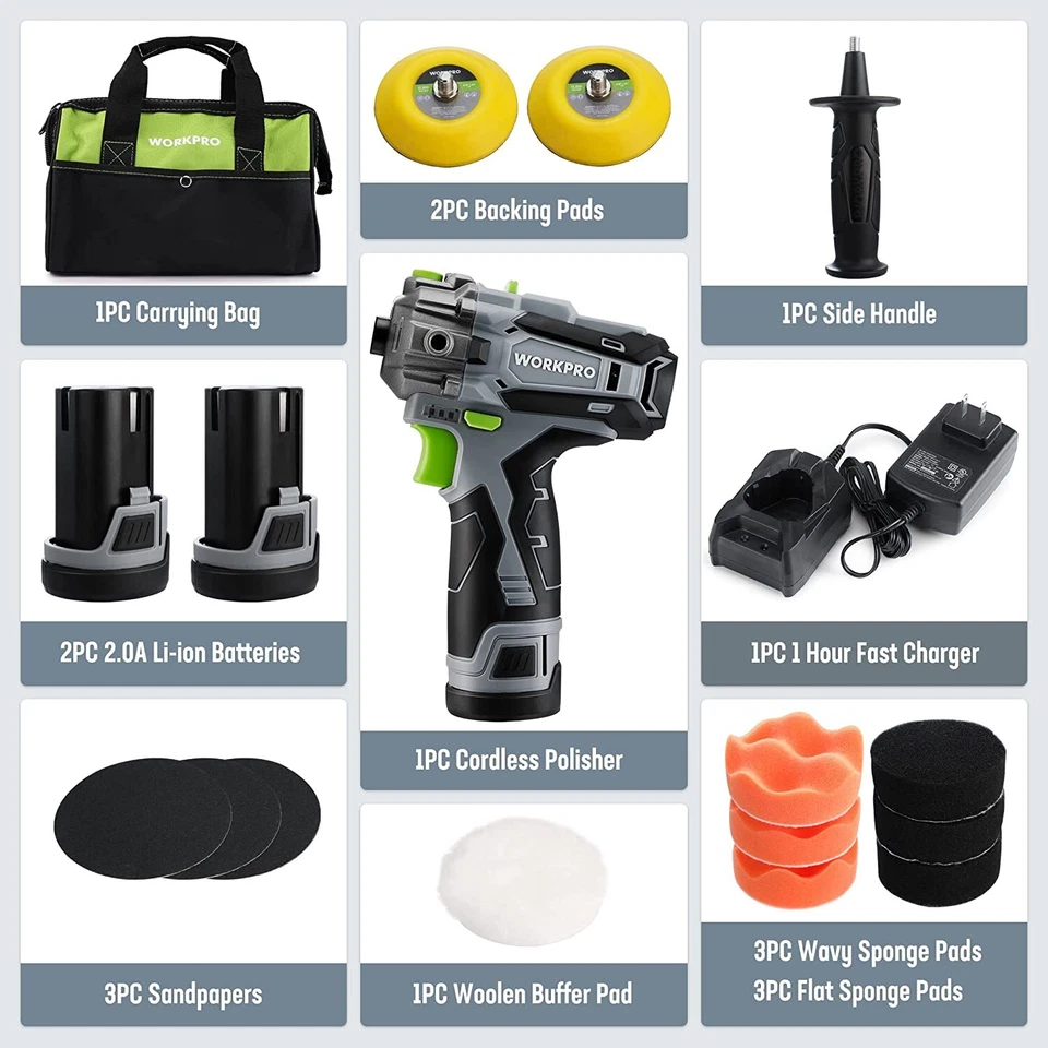 WORKPRO Cordless Polisher 12V Mini Car Detailing 3" Buffer & Sander Machine Kit - Image 2 of 4