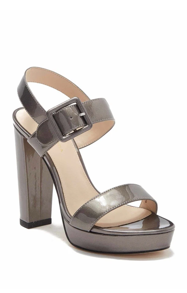 Pelle Moda Paloma Pewter Silver Metallic Patent Leather Platform Sandals 8M $160 - Image 2 of 4