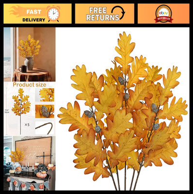 5 Pcs Artificial Fall Oak Leaves Stems - 19.6  Fake Autumn Foliage for Home Deco