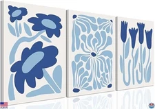 Blue Flower Wall Art Set of 3, Abstract Canvas Prints for Home Decor 12x16"