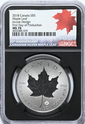2018 $5 Maple Leaf Incuse MS 70 1st Day Prod 999 Pure Silver Coin 1 oz &COA - Image 1 of 3