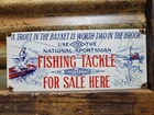 VINTAGE UTICA PORCELAIN SIGN OLD FISHING TACKLE LURES TROUT BASKET CREEK FISH