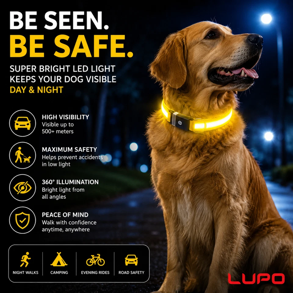 LED Dog Pet Collar USB Rechargeable Flashing Luminous Safety Night Light Up - Image 3 of 4