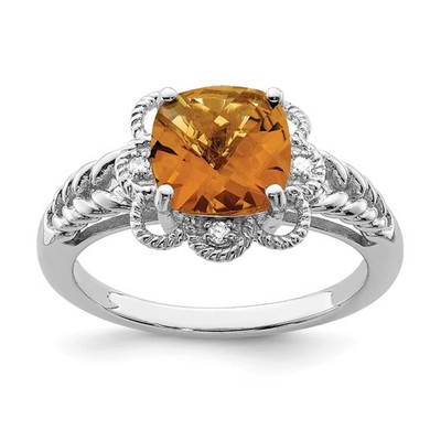 Sterling Silver Rhodium Checker-Cut Whiskey Quartz & Diam. Ring - Size 8