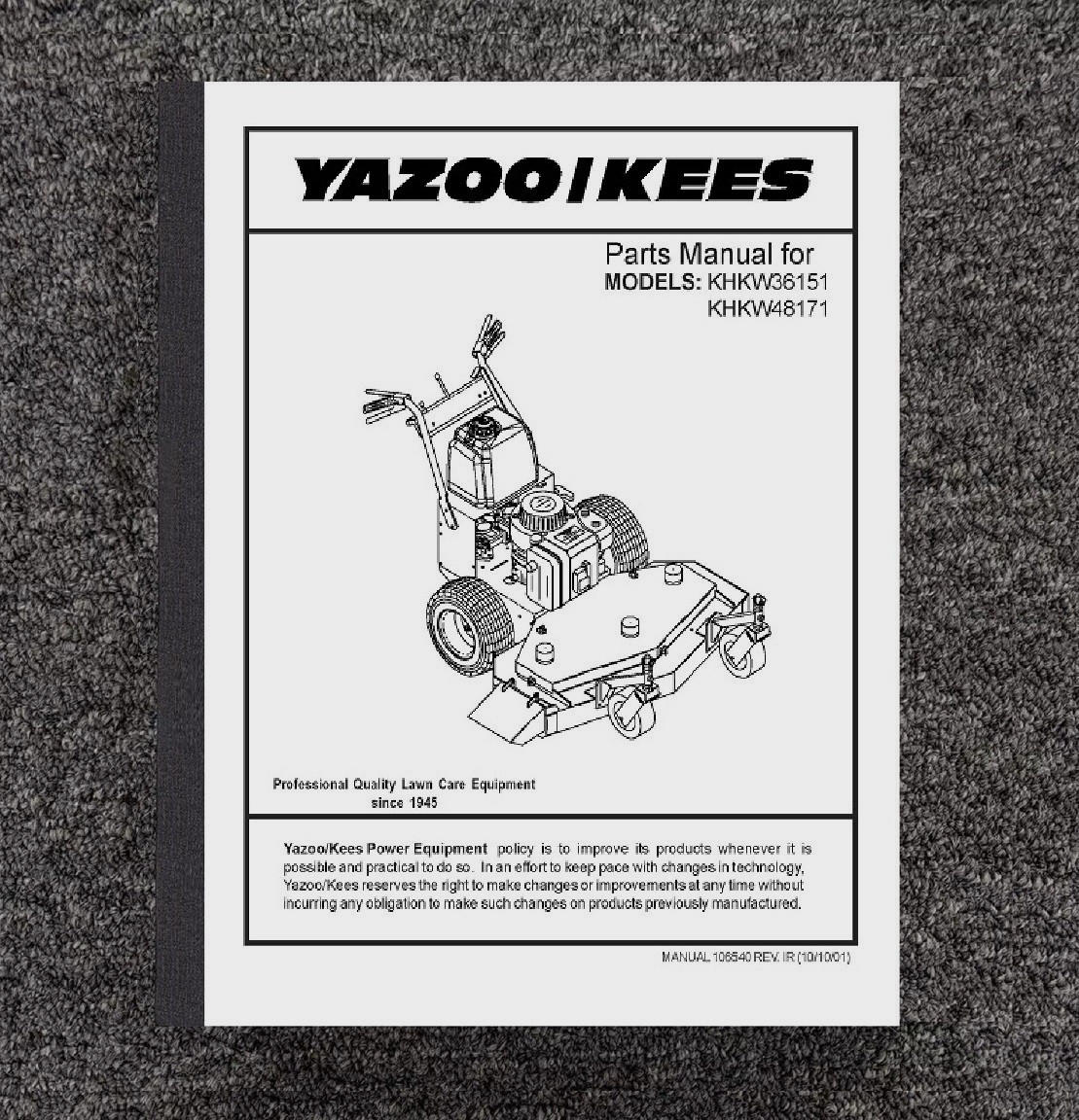 Zero Turn Mower Service Parts Manual Yazoo-Kees KHKW36151