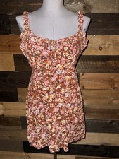 ANGIE Brown Floral Ruffle Strap Rayon Misses Dress L Large Soft Casual Tie
