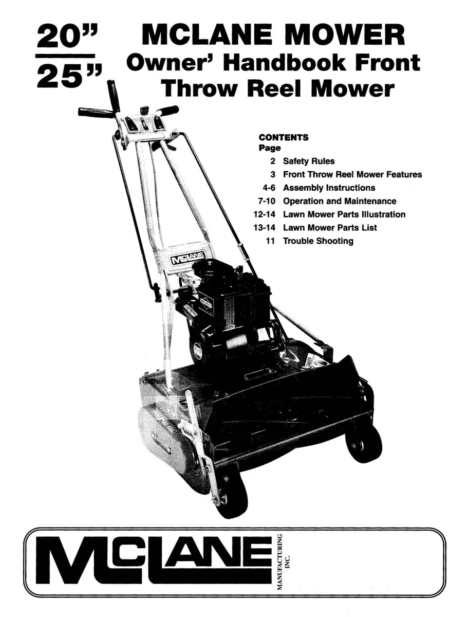 Operator & Parts List Manual Fits Mclane 20” & 25” Front-Throw