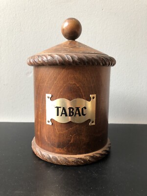 Alte gedrechselte Holzdose mit Tabak Vintage 1960 Platte Messing Zigarette Raucher