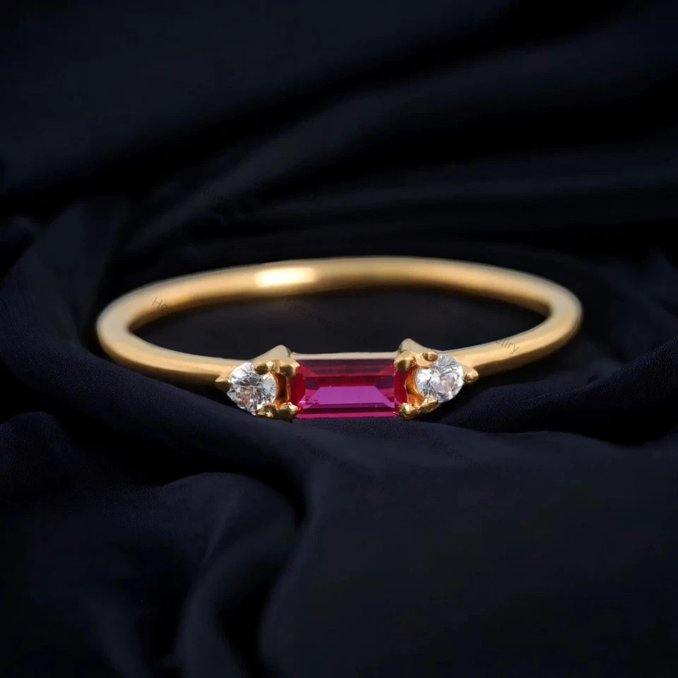 Vintage Baguette Cut Pink Ruby Ring Stackable Three Stone Art Deco Jewelry ring - Image 3 of 4