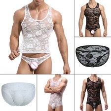 1pc Mens Sexy Lingerie Lace Sheer Tank Tops Vests Boxer Briefs Set Bodysuits.