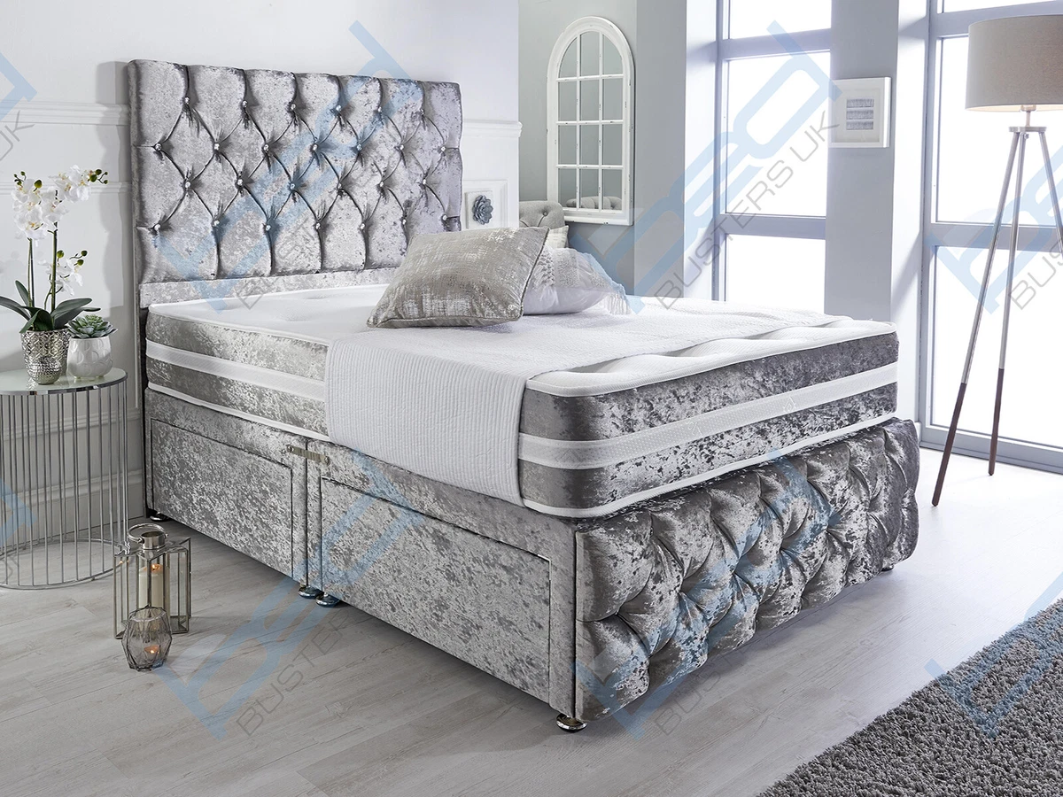 CRUSHED VELVET CHESTERFIELD DIVAN BED SET MEMORY MATTRESS 4 6 Double 5FT King