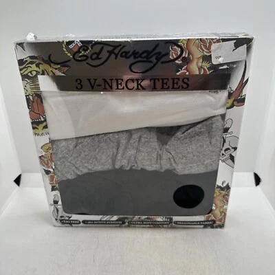 Ed Hardy 3 Pack V-Neck Tees Mens S White Gray Black Soft Stretch Breathable New - Image 1 of 4