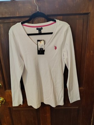 U.S. Polo Assn. Women White Cotton Long Sleeve V-Neck Shirt Size Large 