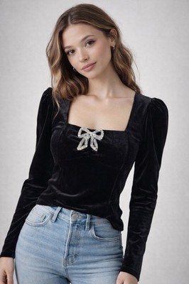 Rachel Zoe Womens Sz S 36 Pullover Top Long Sleeve Black Velvet With Bow