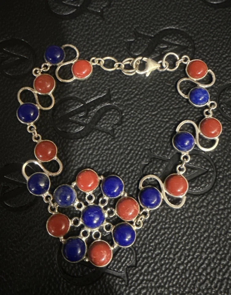 VINTAGE 925 Sterling Silver Blue Lapis And Coral  Bracelet 8  Inches - Image 4 of 4