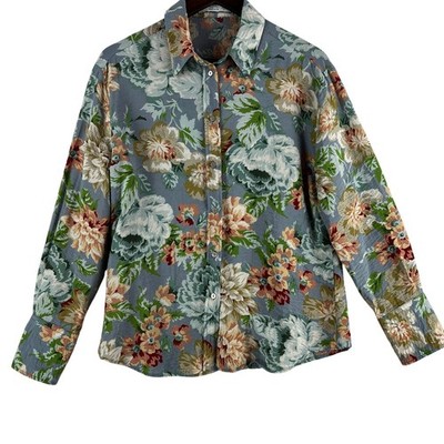 MNG Mango Womens Blouse Size 6 Medium Blue Floral Italian Fabric Long Sleeve