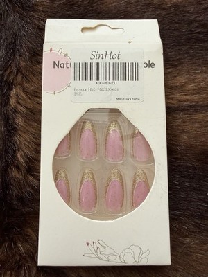 Natural & Comfortabl 24pcs Long Almond French Gold & Pink Glitter Romantic Nails