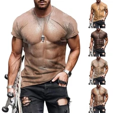 Men Casual Fake Muscle Print TShirt Short Sleeve Tops for Holiday Wear