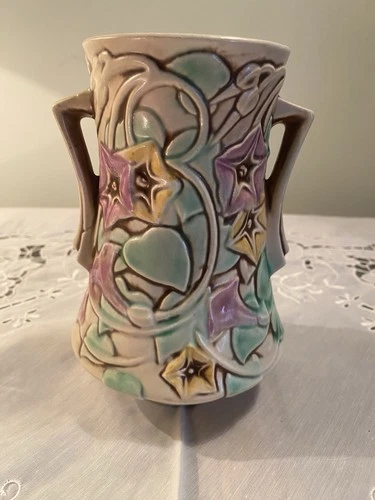 Roseville Pottery Morning Glory Vase 724-6”, White, PURPLE, Green NOT MINT 1935