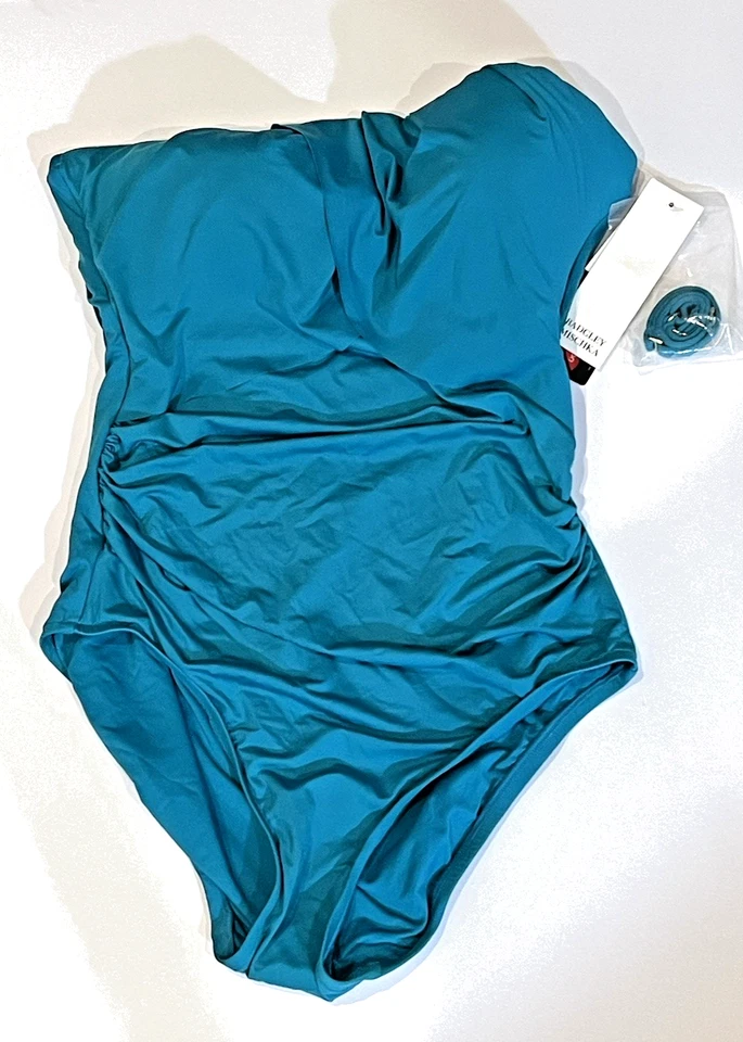 全新带标签女式 Badgley Mischka Teal 褶皱无肩带泳衣 12 码 — 第 3/4 张图片