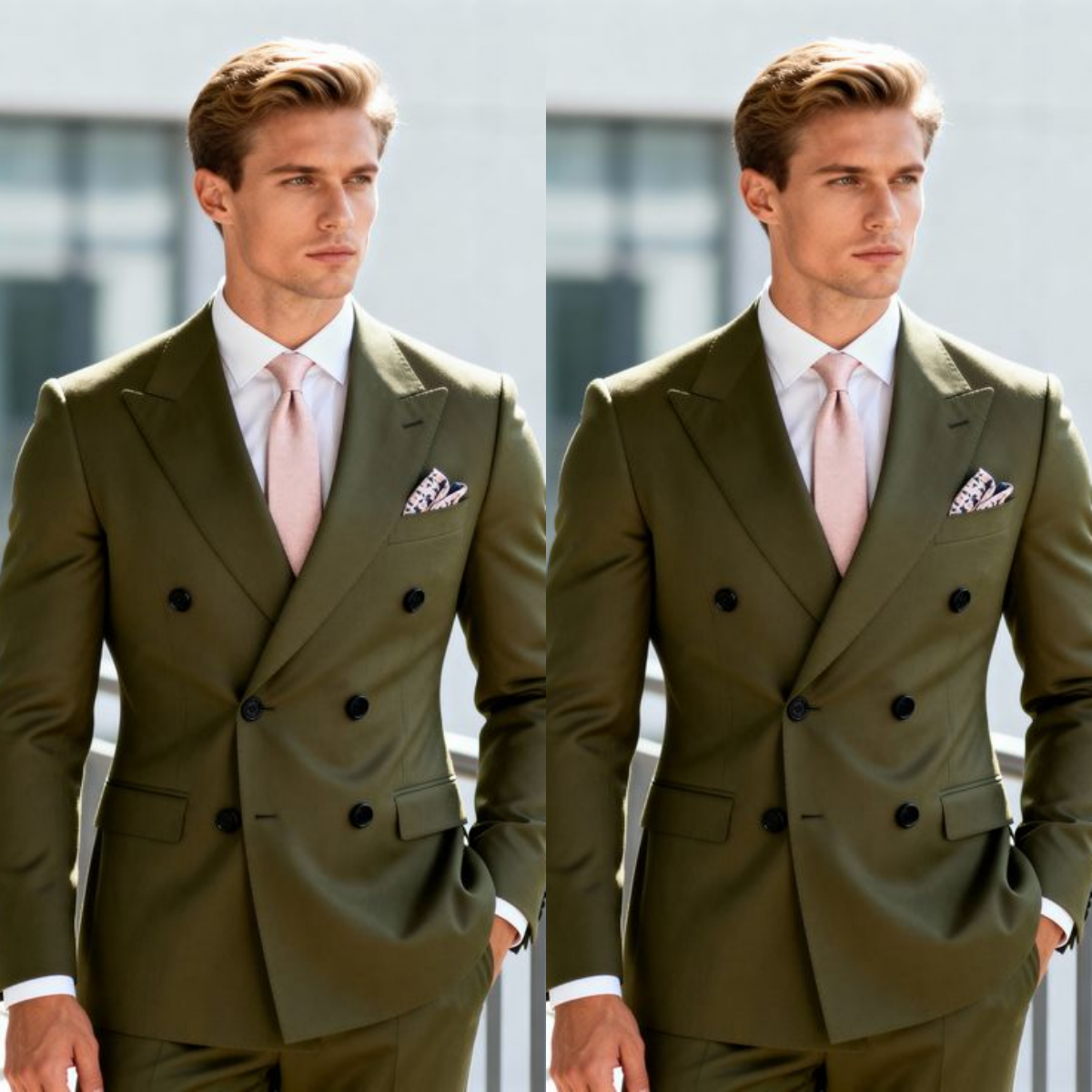 Olive Green Men's Suit Double Breasted Business Peak Lapel 2Pcs Tuxedo Jacket