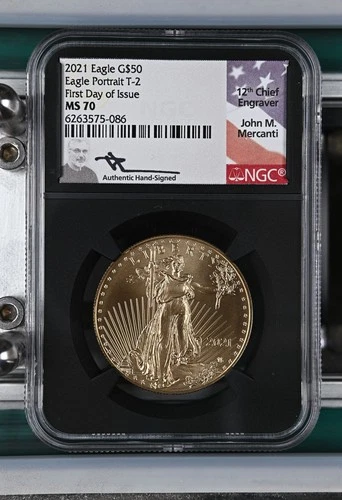 2021 $50 Gold Eagle 1 oz NGC MS70 Eagle Portrait T2 FDOI Mercanti Signed