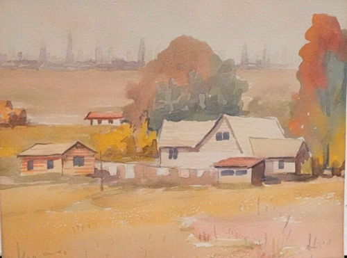 WALLINE SMALL ORIGINAL WATERCOLOR HOMESTEAD CITY SKY SCRAPERS PAINTING UNFRAMED - Picture 2 of 5