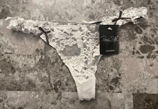 NWT RENE ROFE MEDIUM WHITE FLORAL LACE BLACK POLKA DOT BOW RARE THONG PANTIES