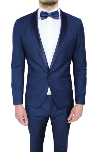 ABITO UOMO DIAMOND RASO BLU SCURO COMPLETO SLIM FIT SMOKING ELEGANTE  CERIMONIA | eBay