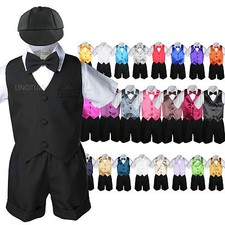 7pc Baby Boy  Toddler Formal Vest Shorts Black Suit Extra Vest Bow Tie Set S-4T