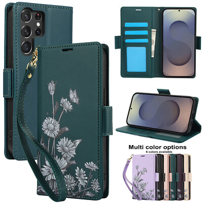 Flower Strap Wallet Phone Case For Samsung S25 S24 S23 FE S22 S21 S20 Ultra