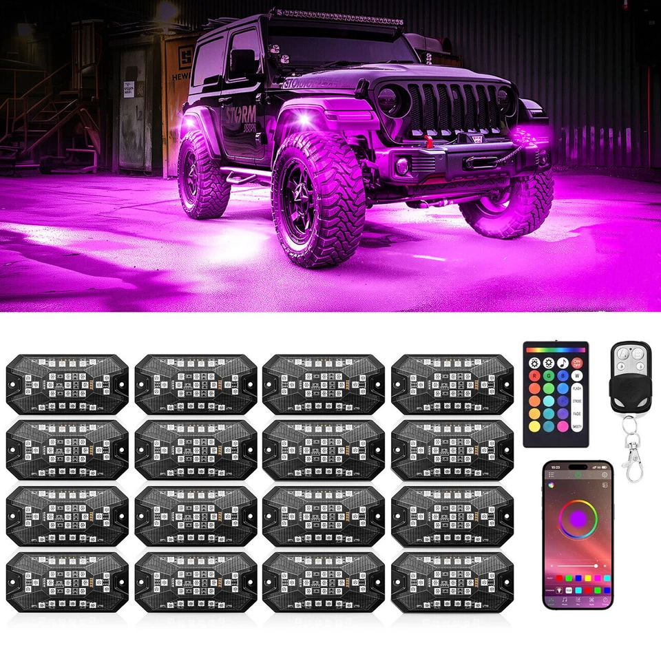 RGBW Rock Lights, 16 pods Underglow Neon Lights Kits,APP/RF Remote Control - Image 2 of 4