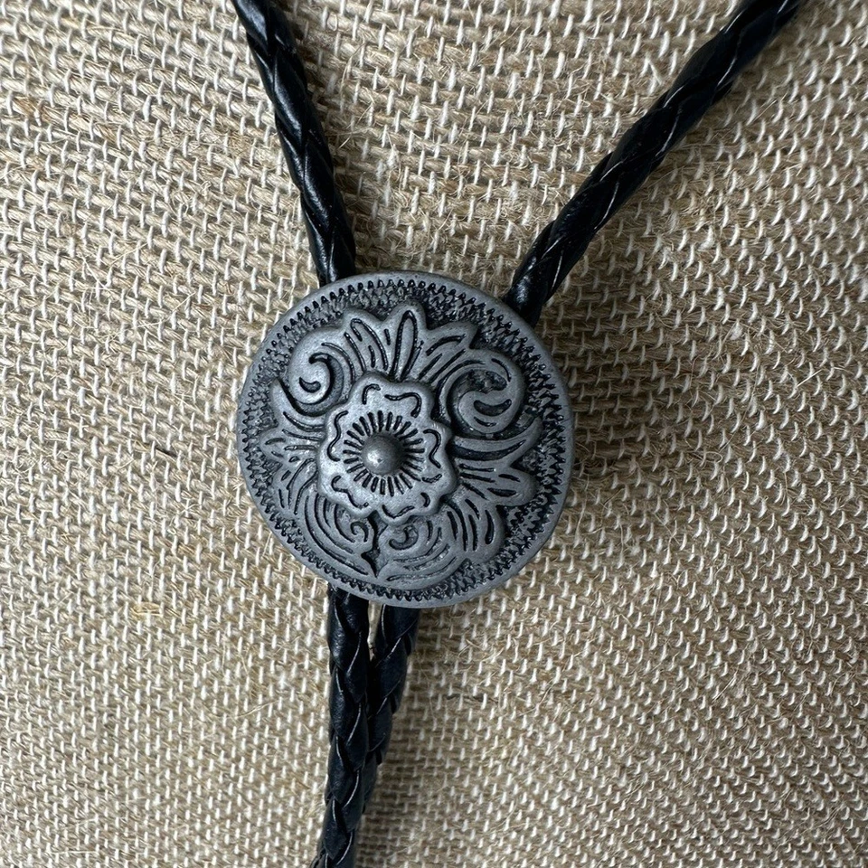 Corbata Western Bolo de colección cuerda trenzada negra concho suroeste rodeo Foto 3 de 4