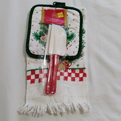 Vintage 90s Holiday Time Christmas Kitchen Set Towel Pot Holder Spatulas New