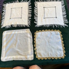 Vintage Handkerchief Doily Lot of 4 White Linen Lace Fringe Tatting Mixed Styles