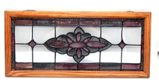 VTG Stained Glass Transom 26" x 12" Window Wood Framed Hanging Panel W/Chain