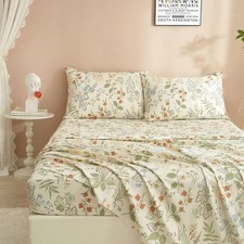 Queen Sheets Set Vintage Botanical Flower Bed Sheets Garden Style Floral Prin...