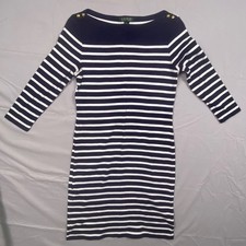 Lauren Ralph Lauren Striped Boat Neck Dress Womens Medium Navy White Gold Button