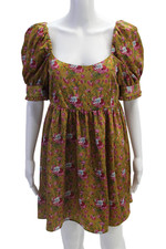 Love Shack Fancy Women Yellow Fit & Flare Mini Floral Square Neck Dress Size 8