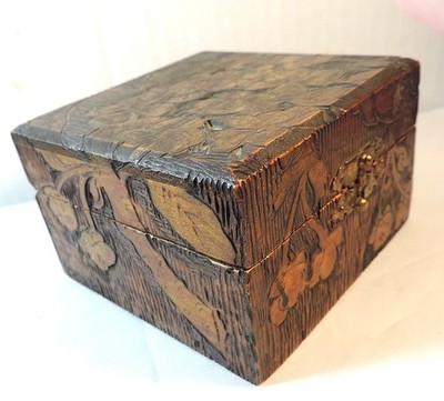 Antique Pyrography Floral Flemish Art Pin Cushion Button Box