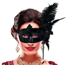 Maschera veneziana nera con bastone e piuma